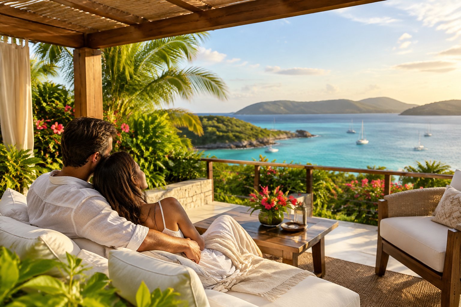 A couple shares a quiet moment on a resort terrace overlooking a tropical bay.