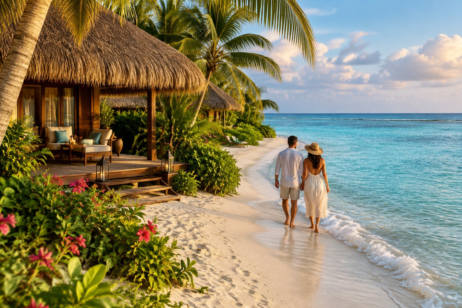 A couple walks along a tropical beach beside a thatched-roof resort bungalow.