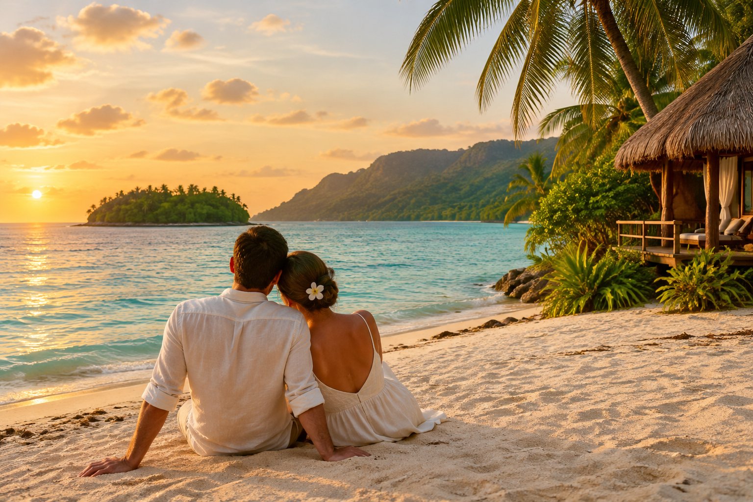 A couple stands together on a tropical Belize beach with turquoise water, palm trees, and rainforest hills in the distance.