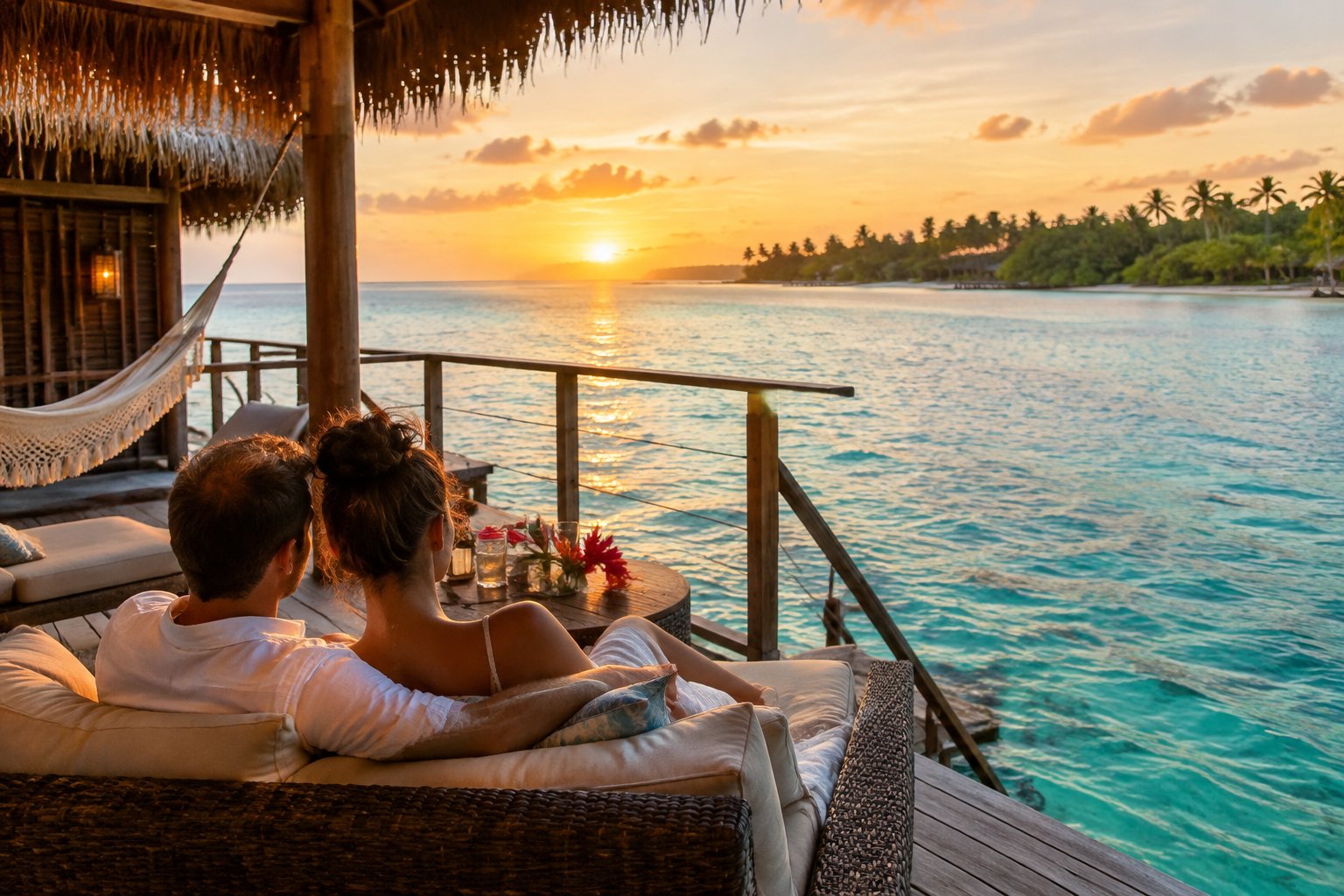 A couple relaxes on an overwater bungalow deck above turquoise water in Belize.
