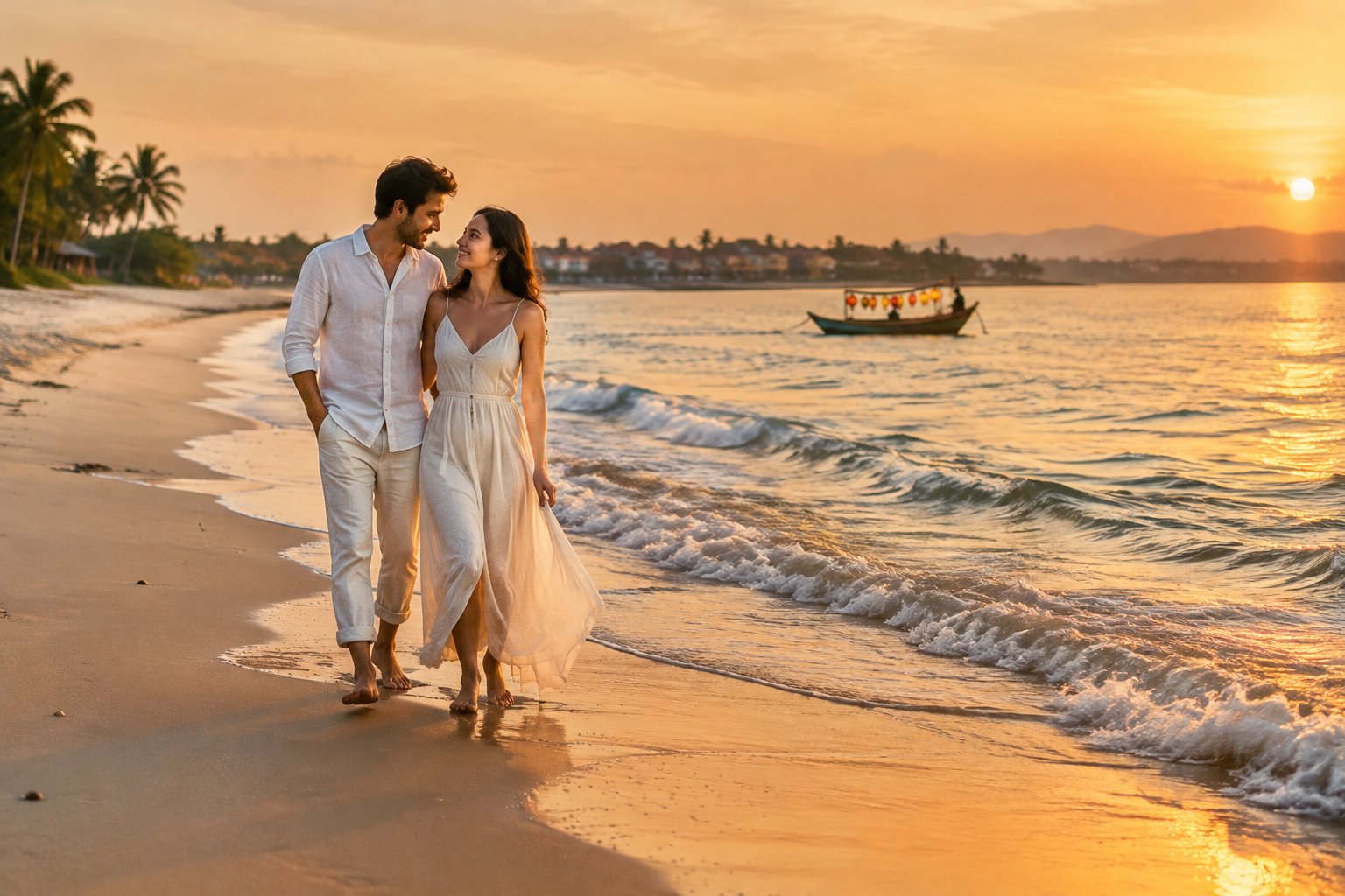 A newlywed couple walks together along a tropical beach in Vietnam.