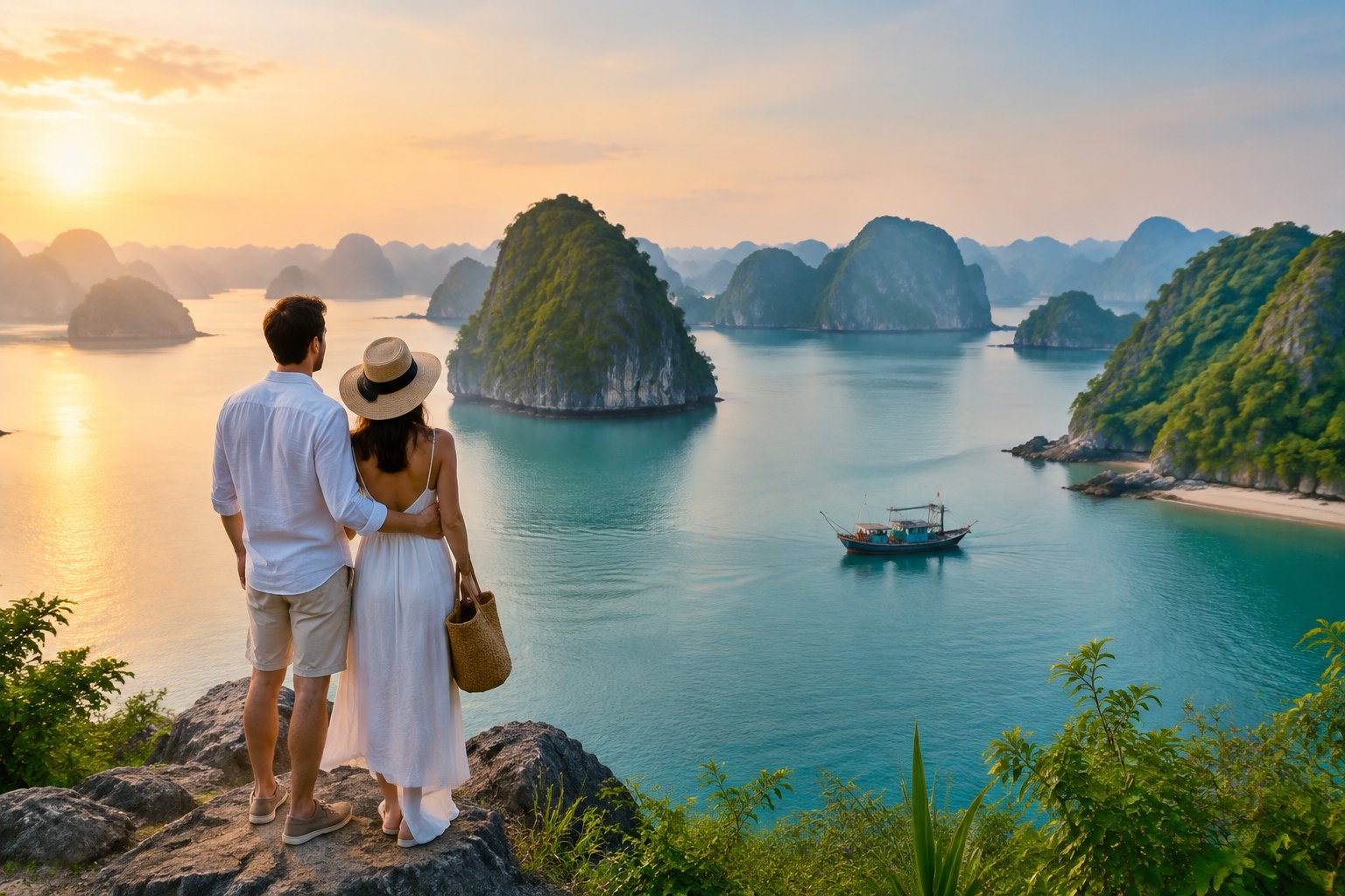 A newlywed couple overlooks a Vietnamese bay dotted with limestone islands.