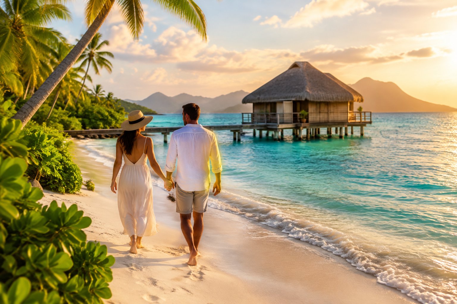 A couple walks hand in hand along a tropical beach toward an overwater bungalow.