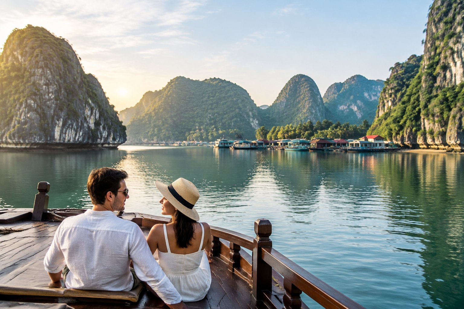 A couple rides a wooden boat across emerald water among limestone islands in Vietnam.