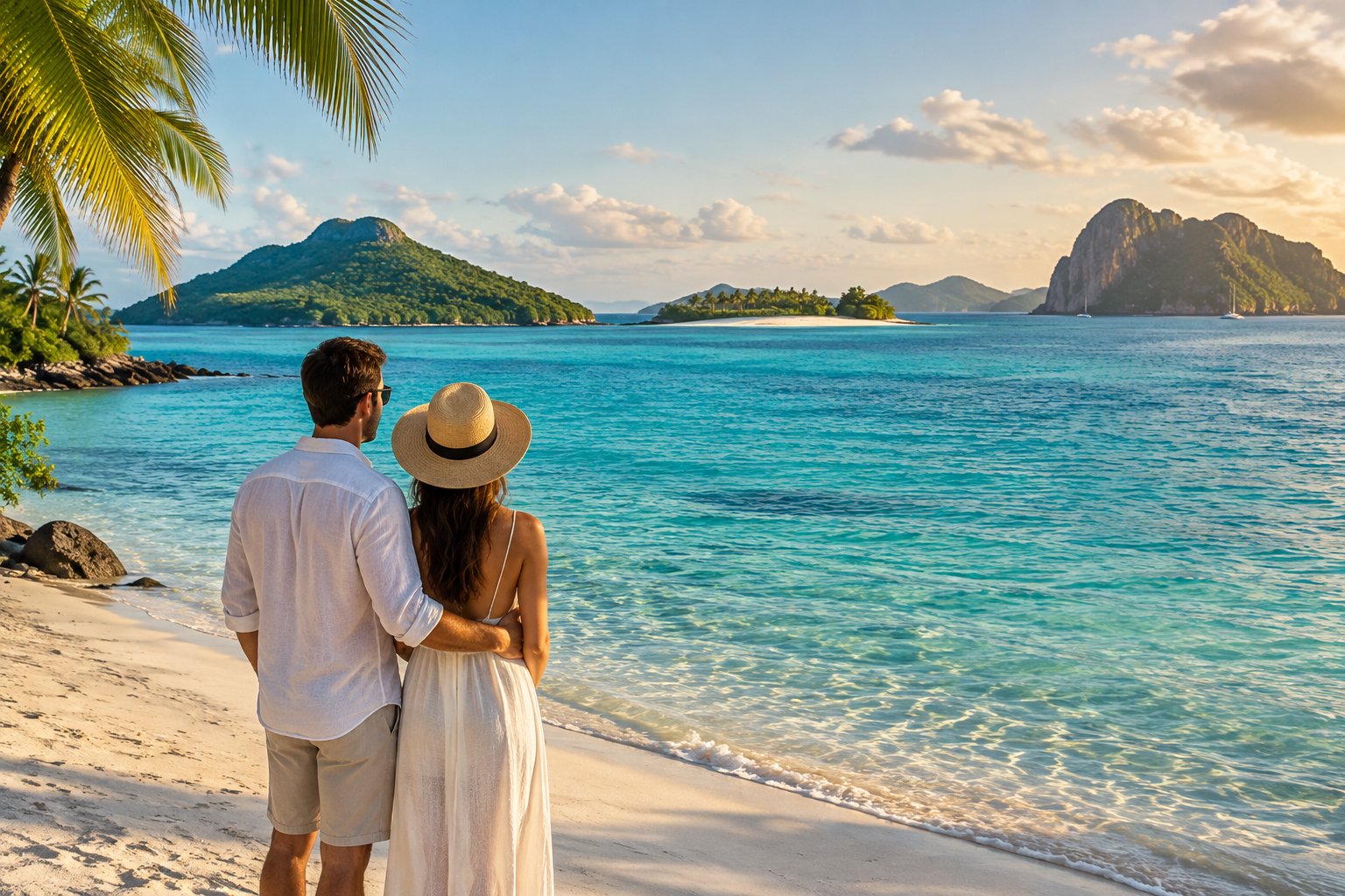 A couple stands on a Caribbean beach looking toward several islands.