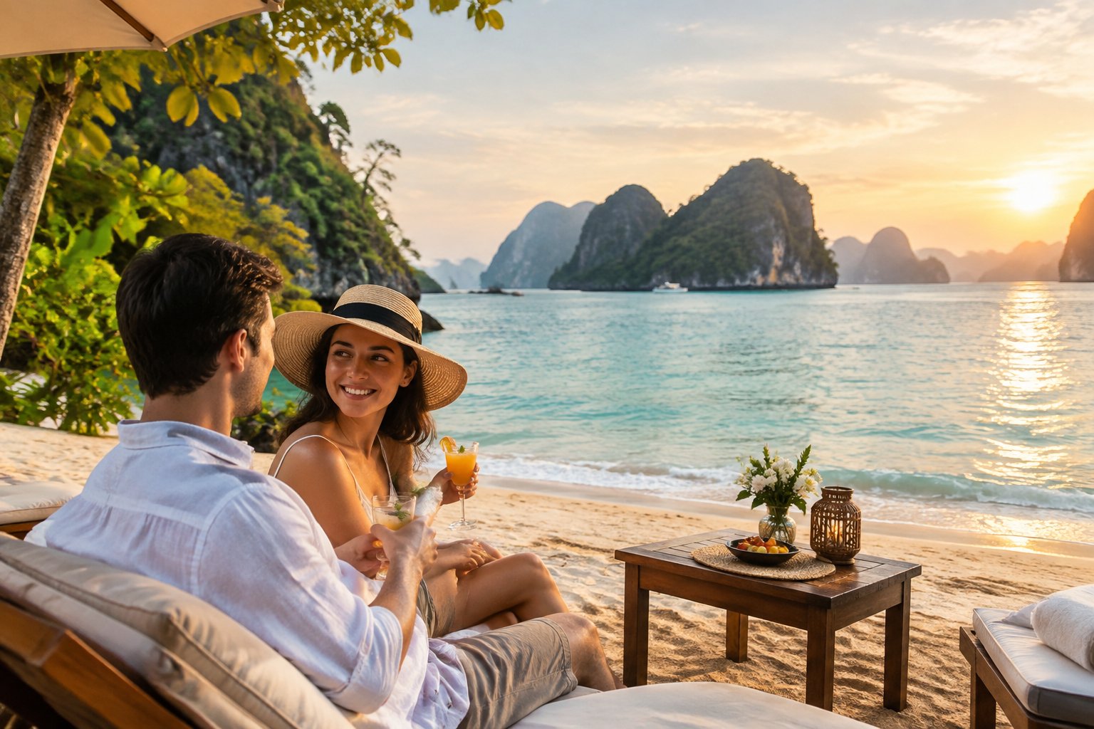 A newlywed couple relaxes together on a tropical beach in Vietnam.