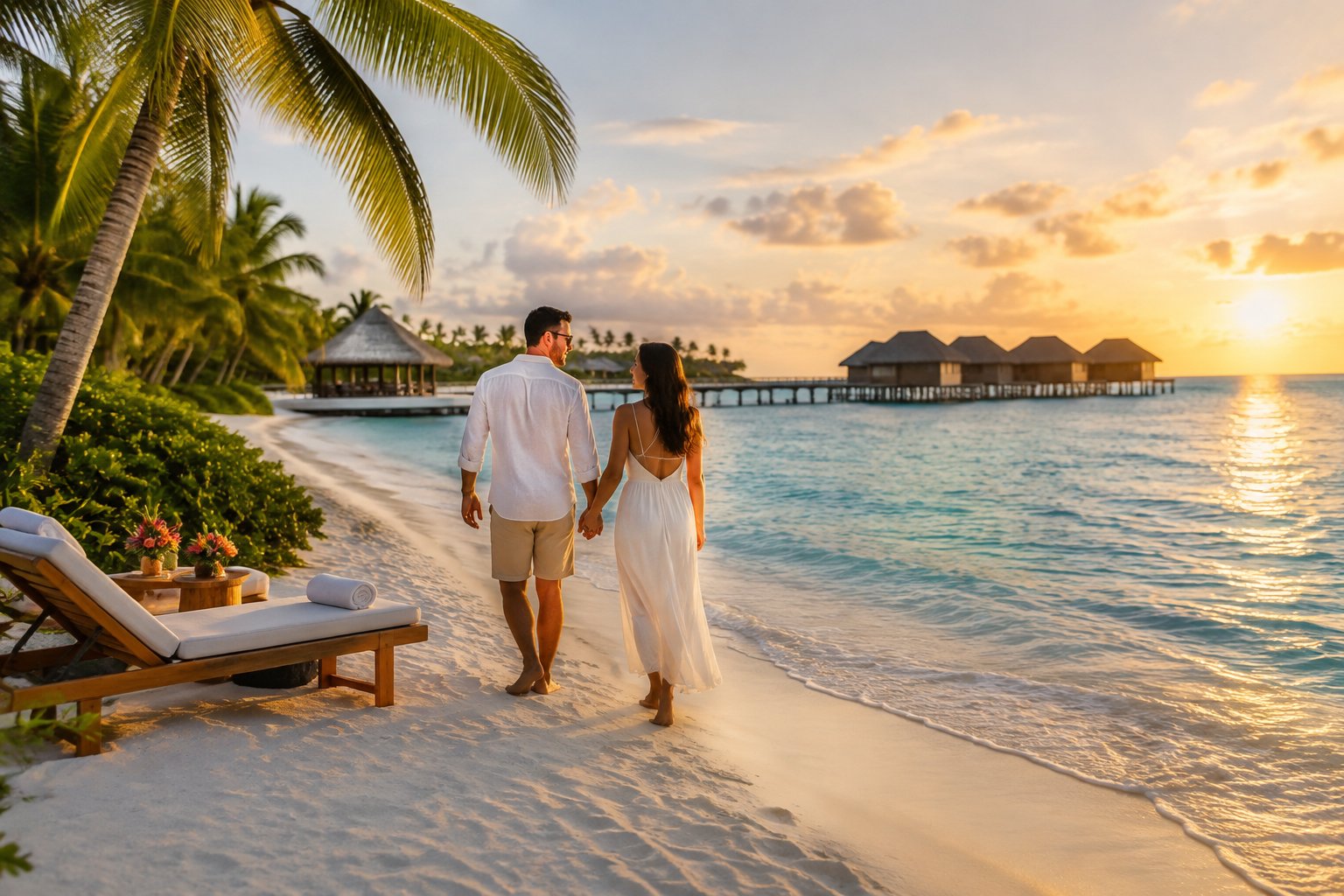A couple walks hand in hand along a tropical Caribbean beach near a resort.