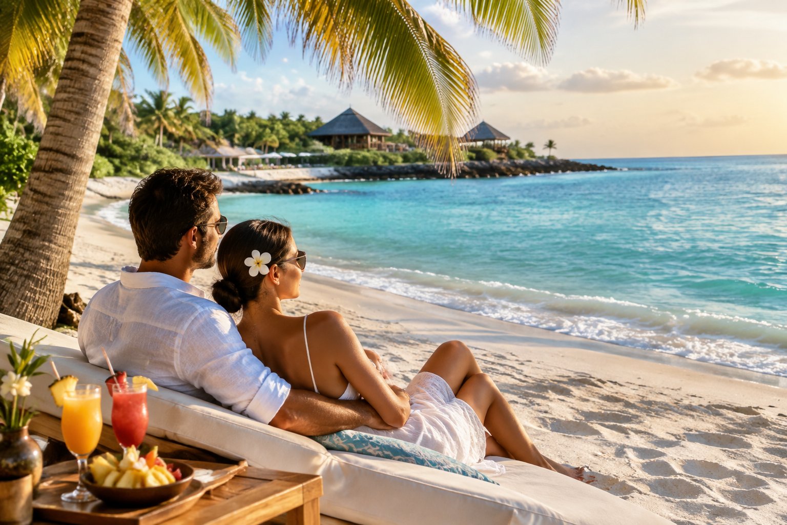 A newlywed couple relaxes together beneath palm trees on a Caribbean beach.