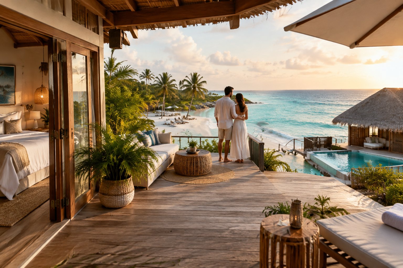 A couple stands on a resort terrace overlooking a tropical Caribbean beach.