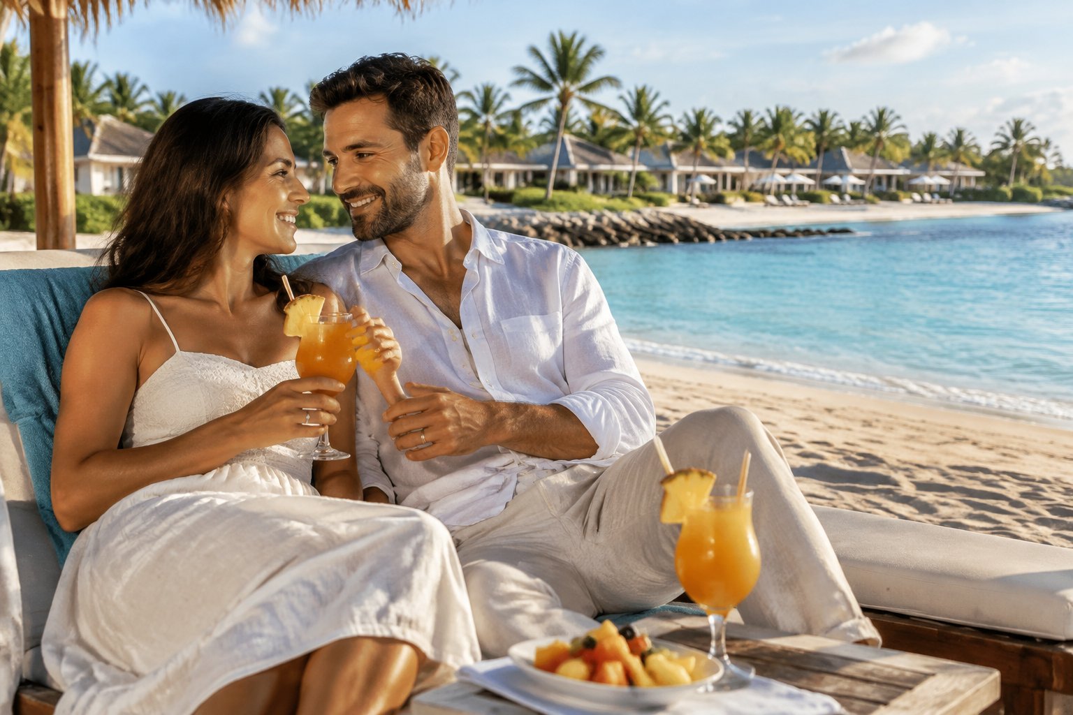 A couple shares a tropical drink together at a Caribbean beach resort.