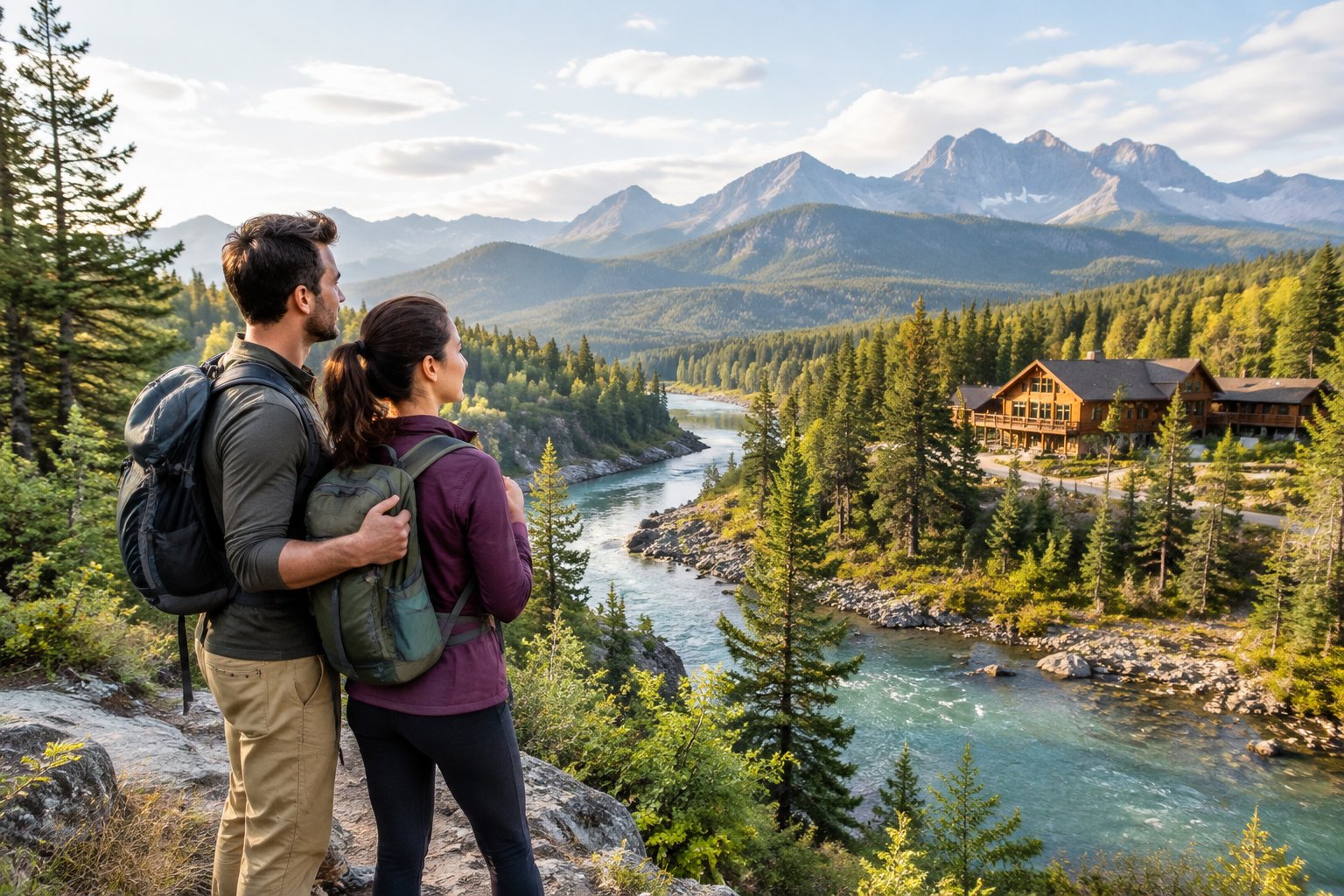 A newlywed couple pauses on a trail beside a nature resort to admire a mountain river.