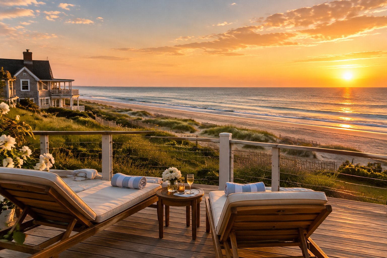 Two lounge chairs overlook a beach beside a coastal resort.