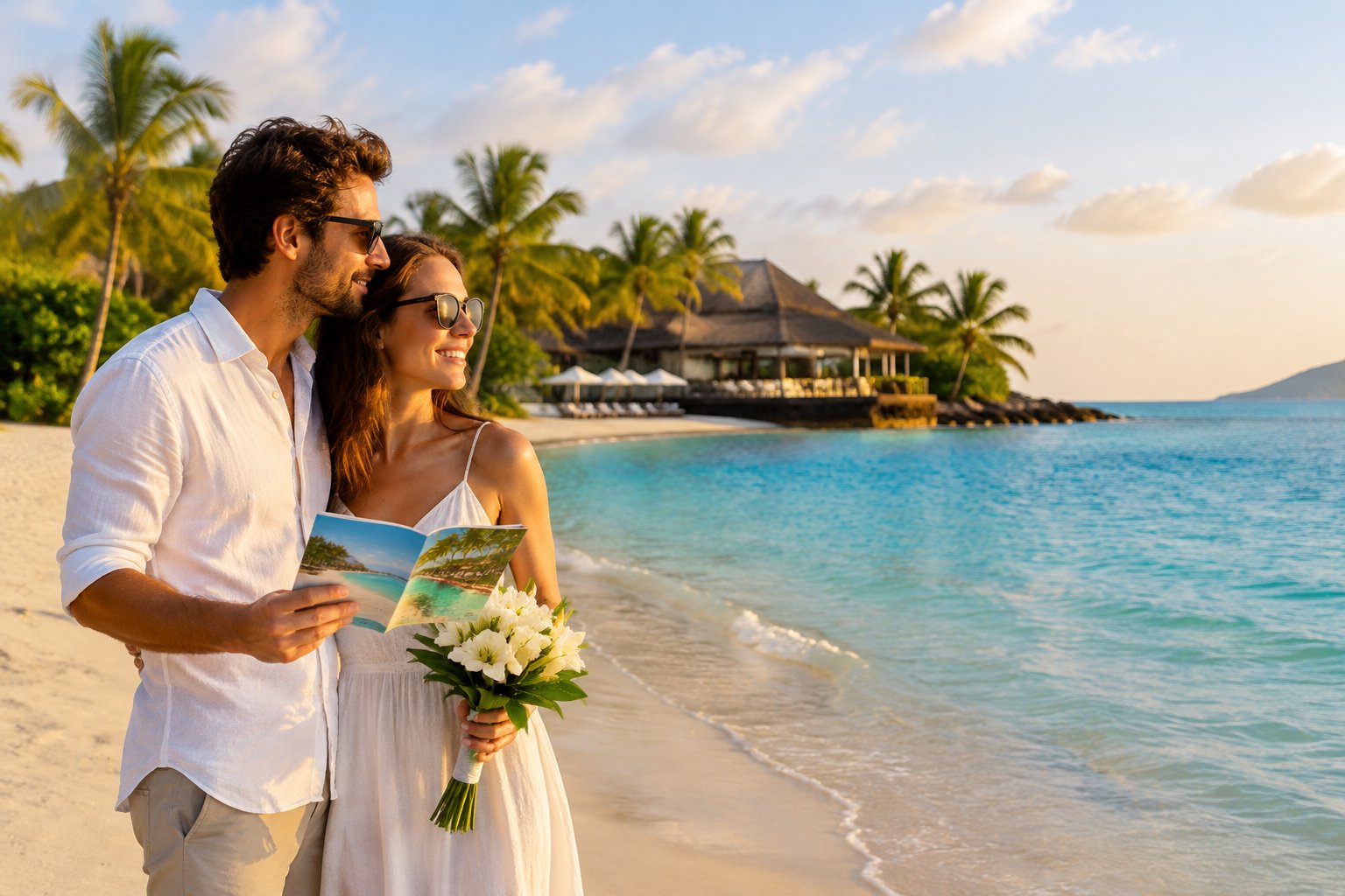 A couple stands on a tropical beach looking toward a beachfront resort.