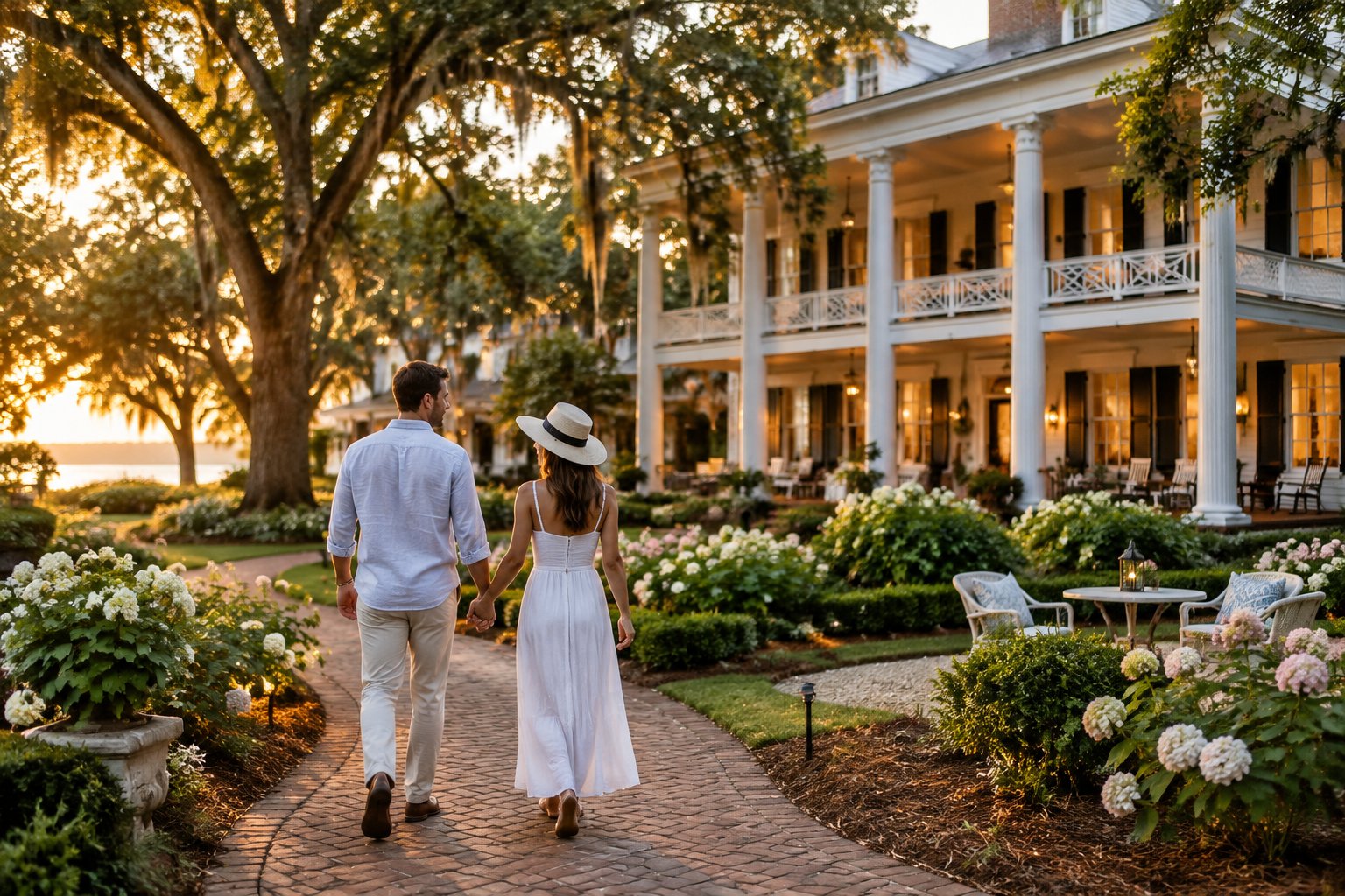 A couple strolls through the garden of a historic Southern resort.