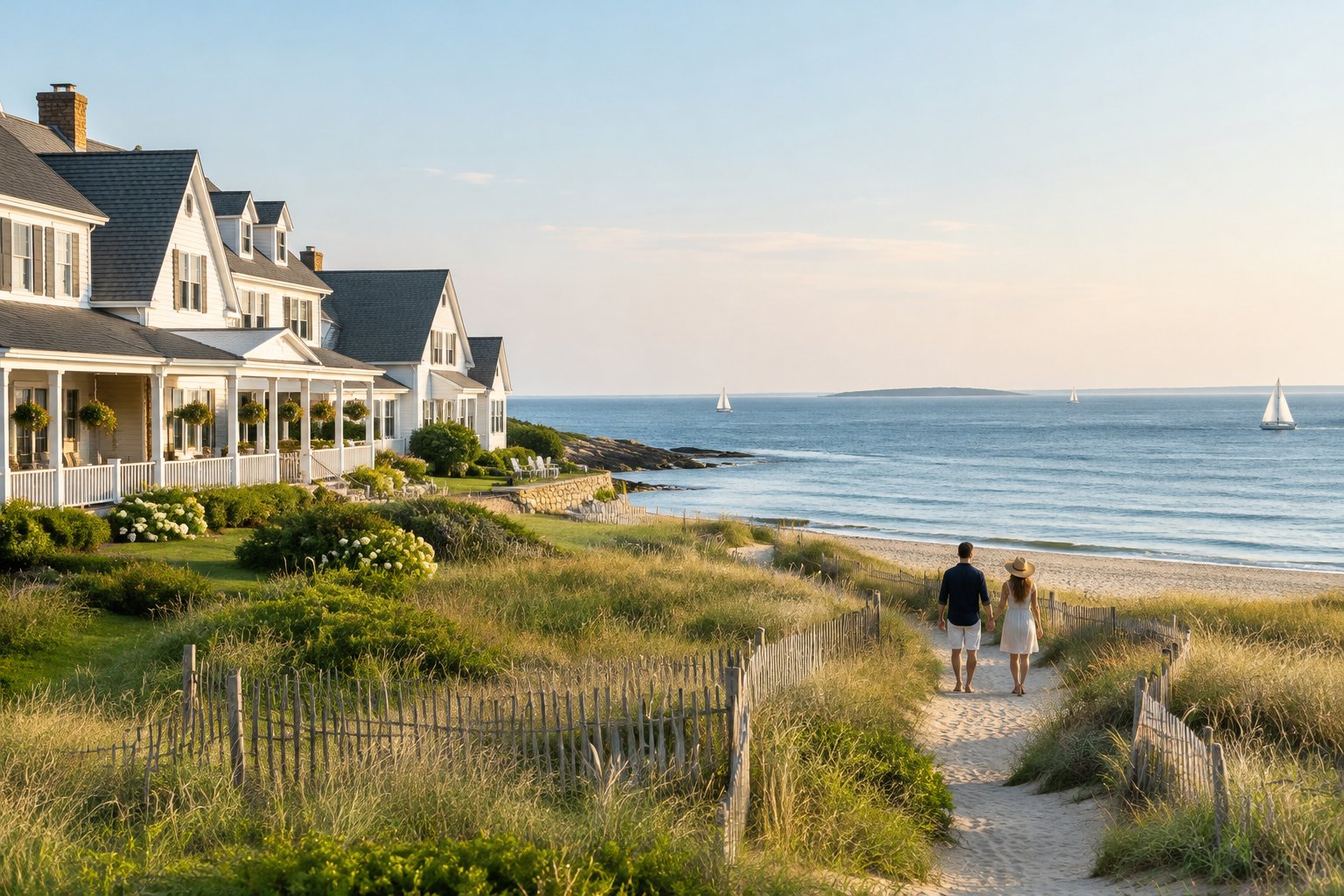 A couple walks toward the beach beside a coastal inn.