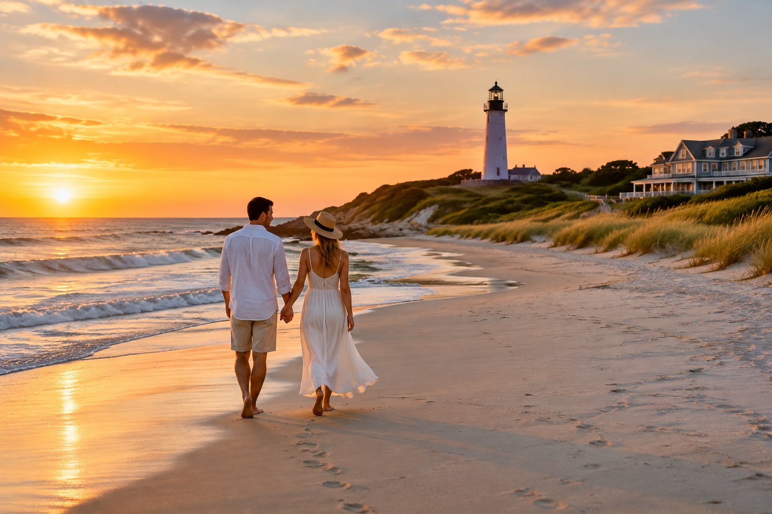 A couple walks hand in hand along an Atlantic beach with a lighthouse on the bluff.
