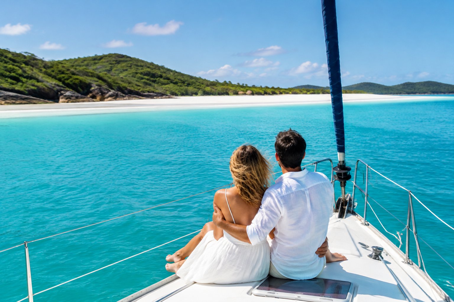 A couple embraces aboard a sailboat near a tropical island with turquoise water.