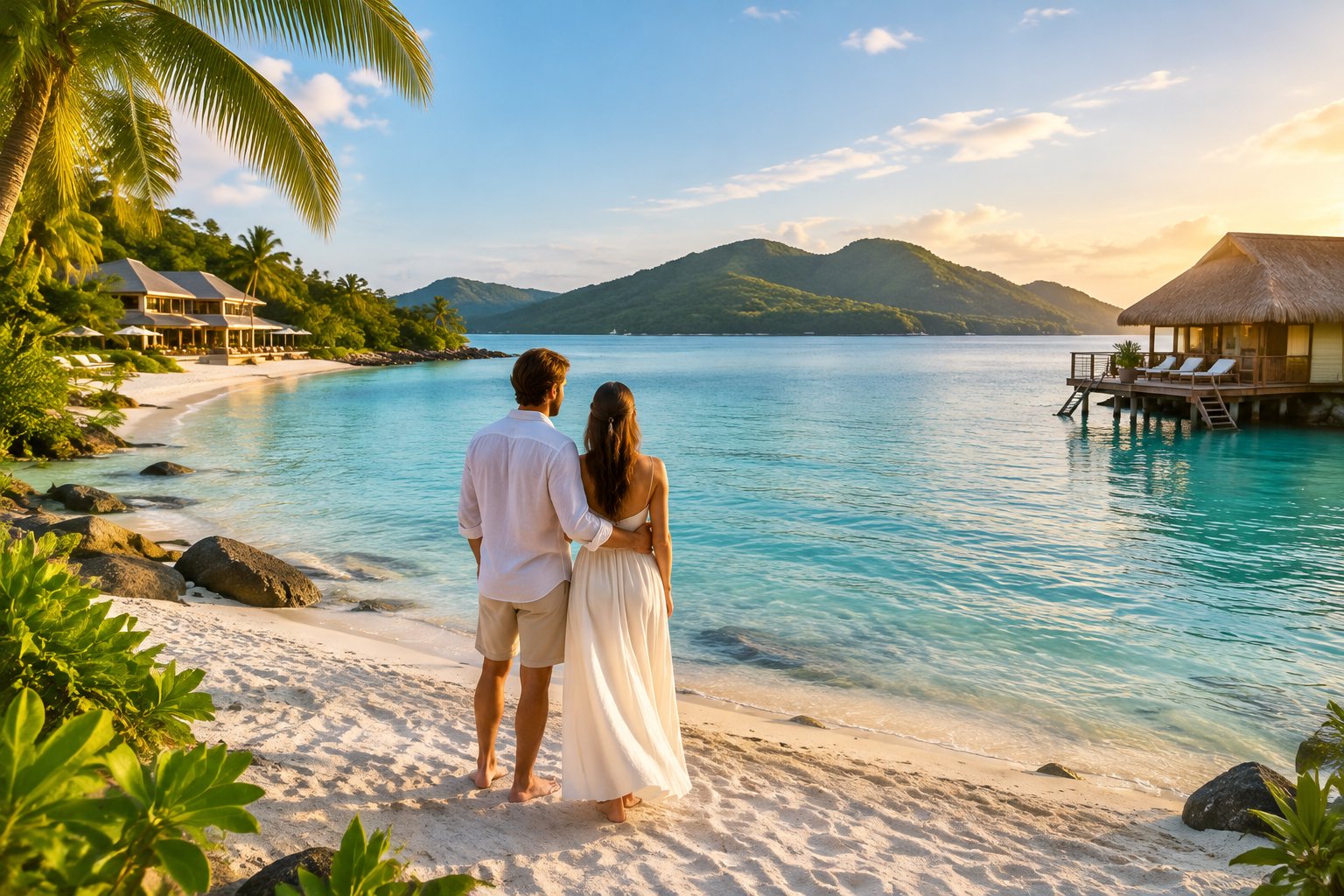 A couple stands on a tropical beach overlooking the Whitsunday Islands.
