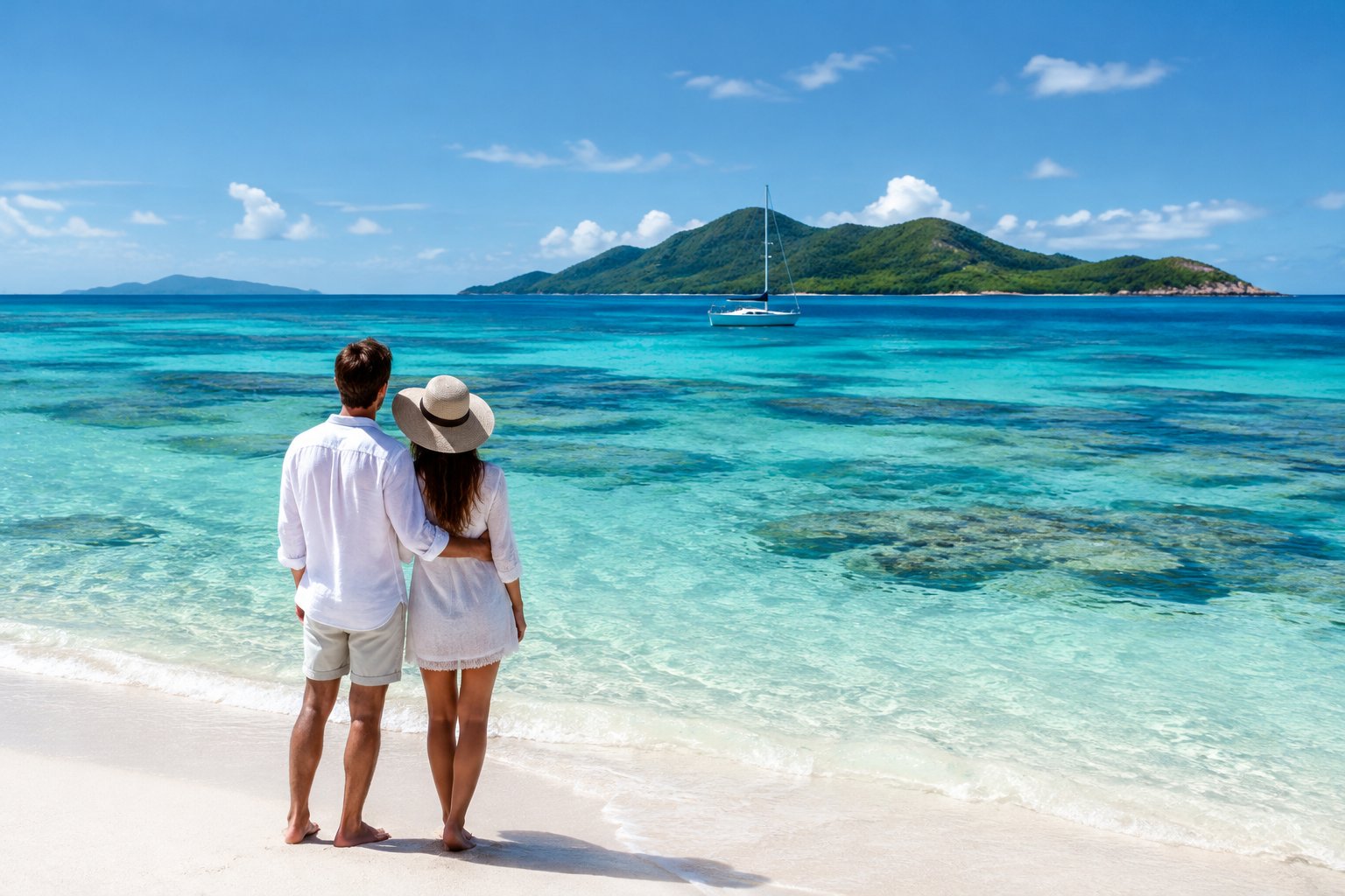 A couple stands on a white-sand beach overlooking turquoise reef waters and a sailboat.