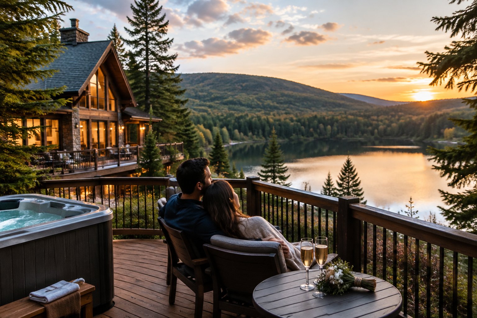 A couple relaxes on a lodge deck overlooking a lake in the Pocono Mountains.
