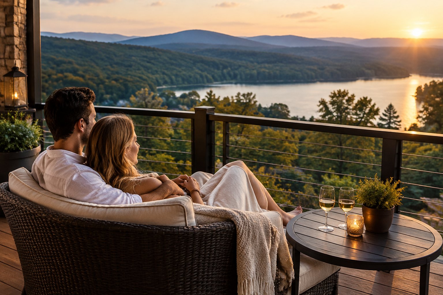A couple relaxes on a balcony overlooking a lake and forested mountains.