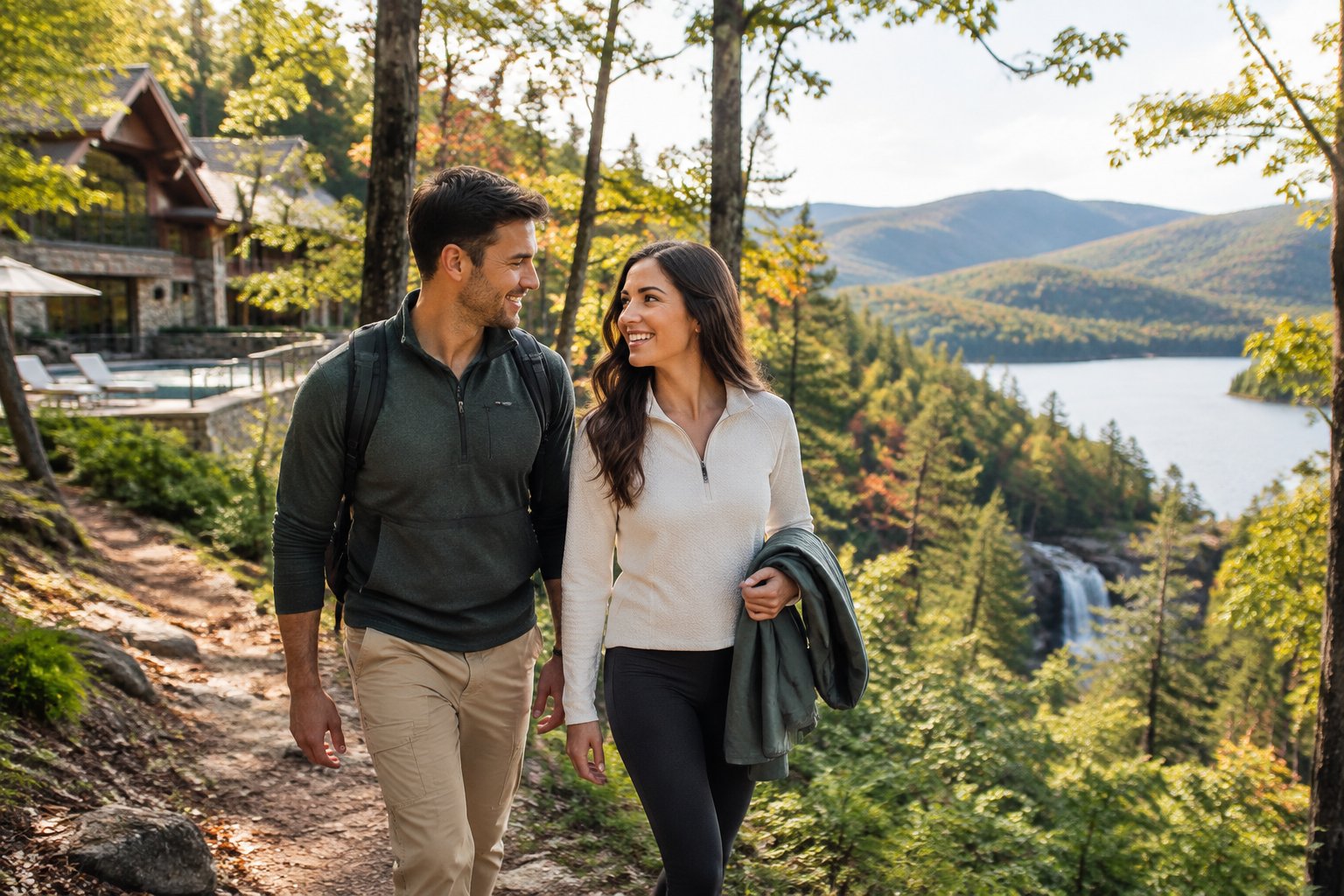 A couple walks a scenic wooded trail near a mountain resort.