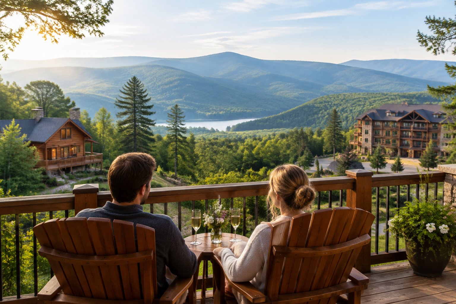 A couple relaxes on a resort deck overlooking forested Pocono Mountains.