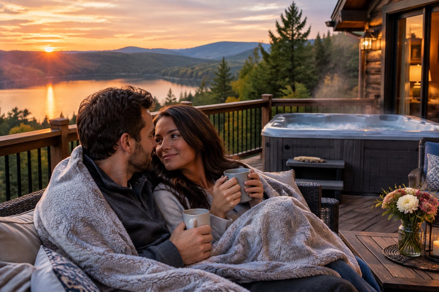 A couple shares a warm drink on a lodge deck overlooking a forested mountain lake.