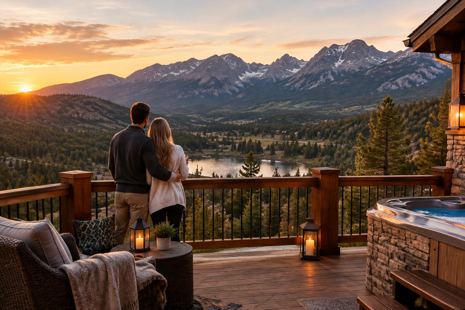 A couple looks out over a mountain valley from a resort balcony.