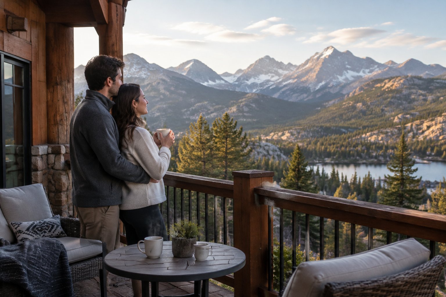 A couple shares a quiet moment on a lodge balcony overlooking the Rocky Mountains.