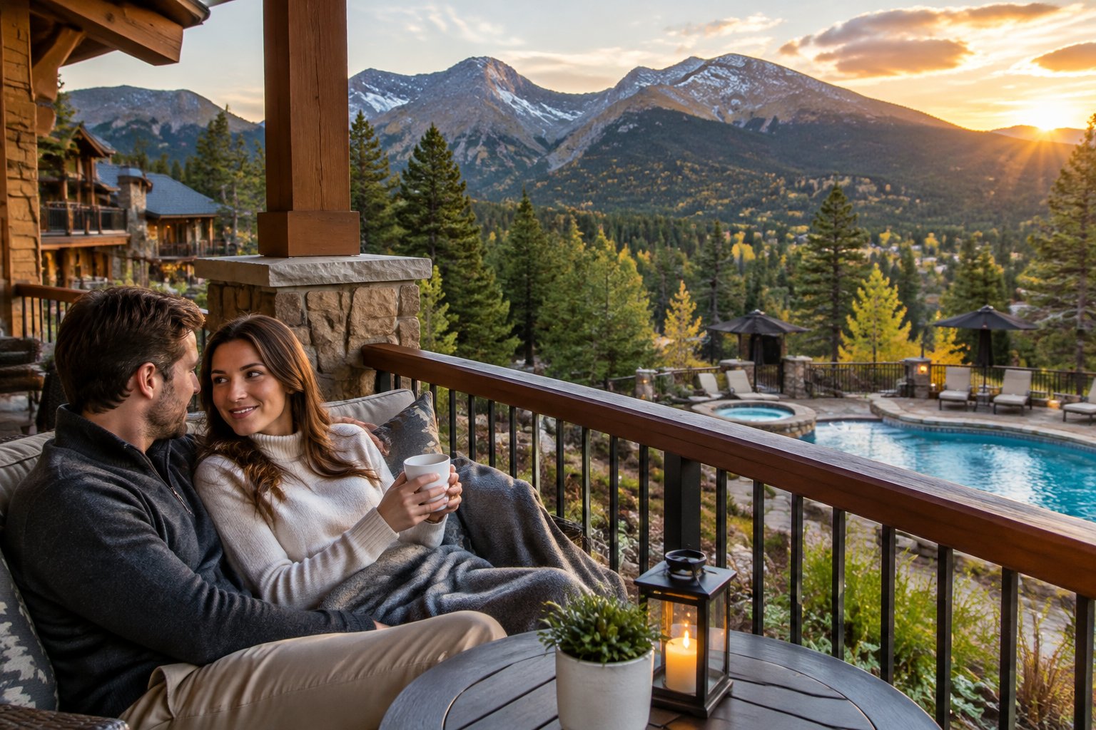 A newlywed couple relaxes on a mountain inn terrace overlooking the Rockies.