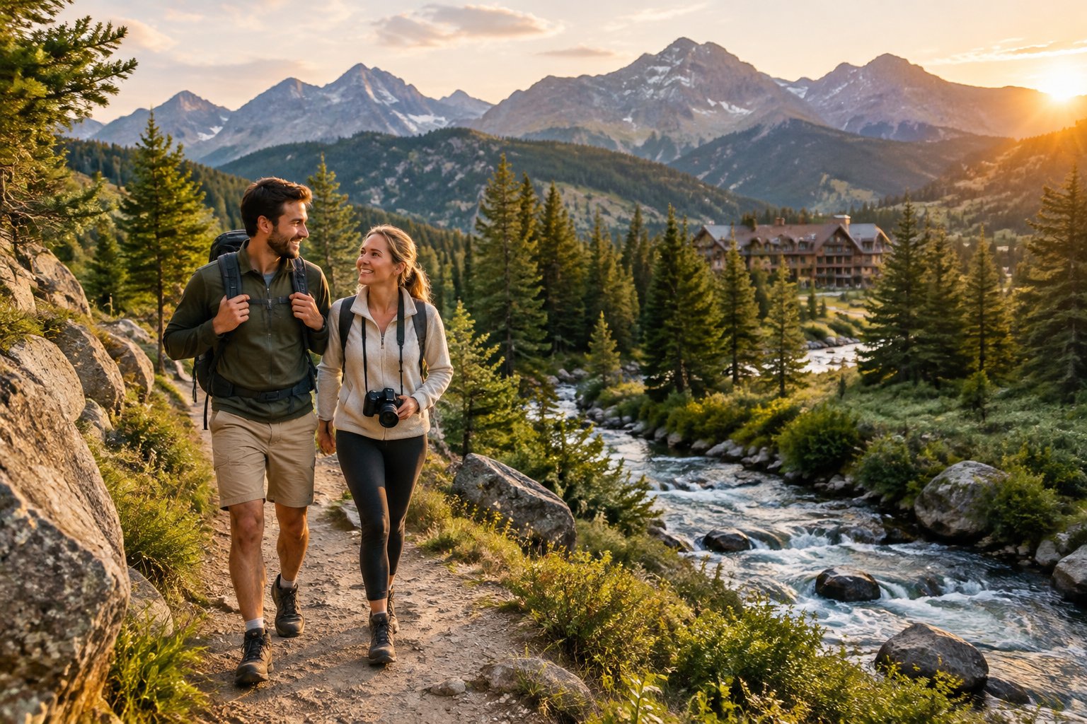A couple walks along a mountain trail near a resort in Estes Park.