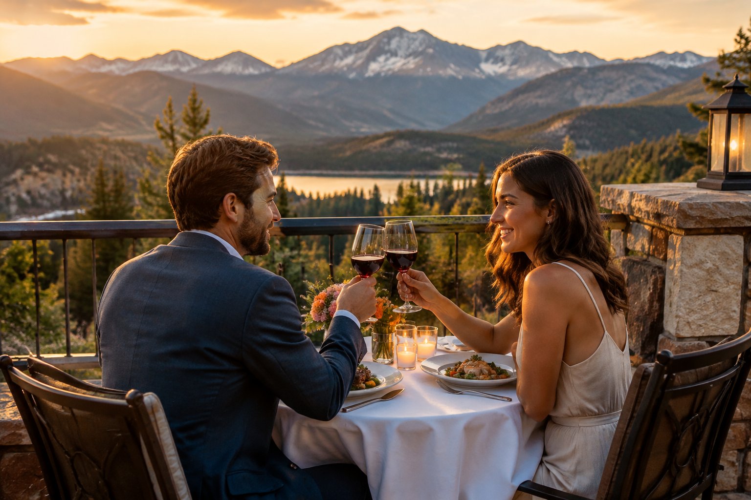 A couple shares a candlelit dinner on a mountain resort terrace.