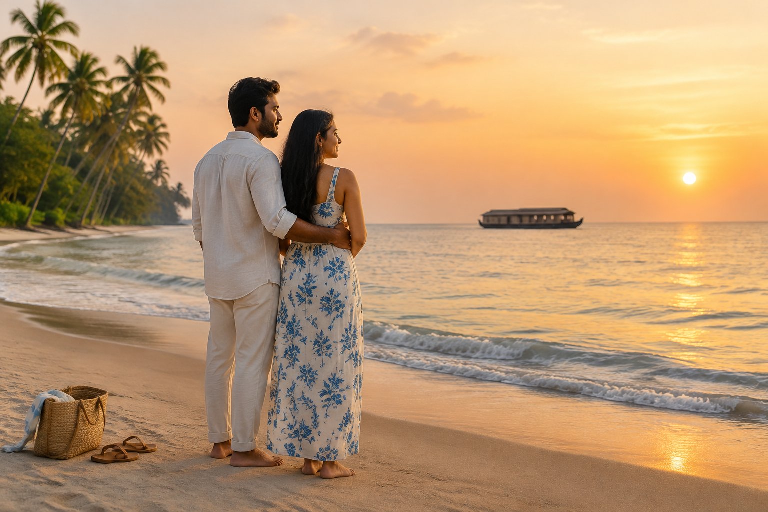 A newly married couple stands together beside a tropical beach in Kerala.