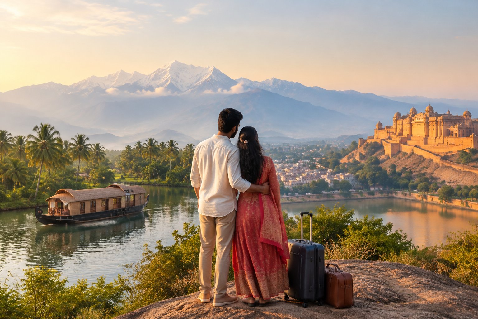 A newlywed couple looks out over scenic Indian destinations.