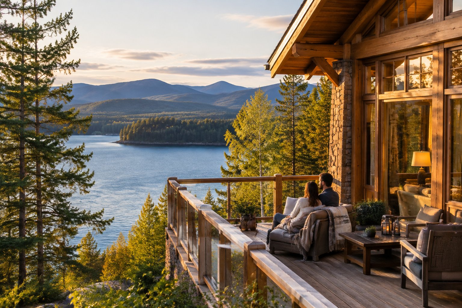 A couple relaxes on a lakeside lodge terrace overlooking a forested Quebec mountain lake.
