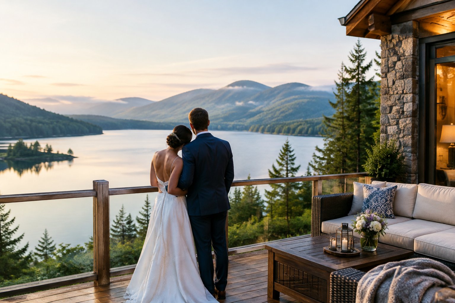 A newlywed couple looks out over a lake from a resort terrace in the mountains.