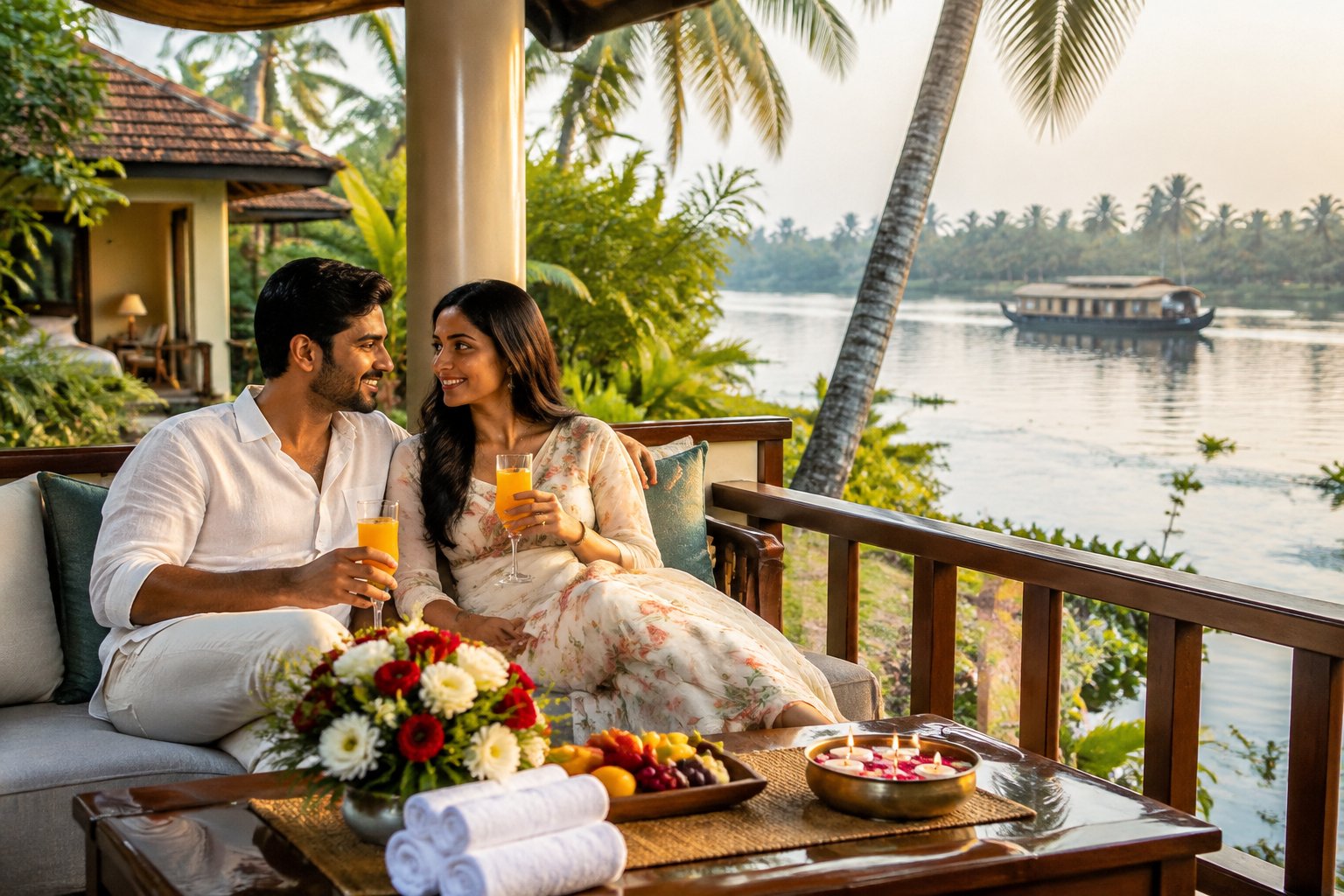 A couple enjoys a romantic resort stay beside the Kerala backwaters.