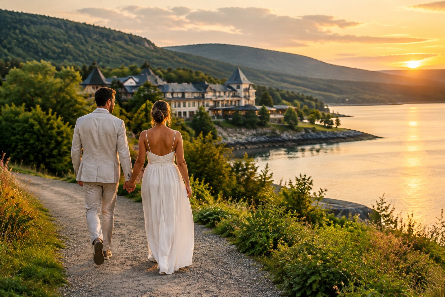 A couple strolls beside a lake toward a resort in the Quebec countryside.