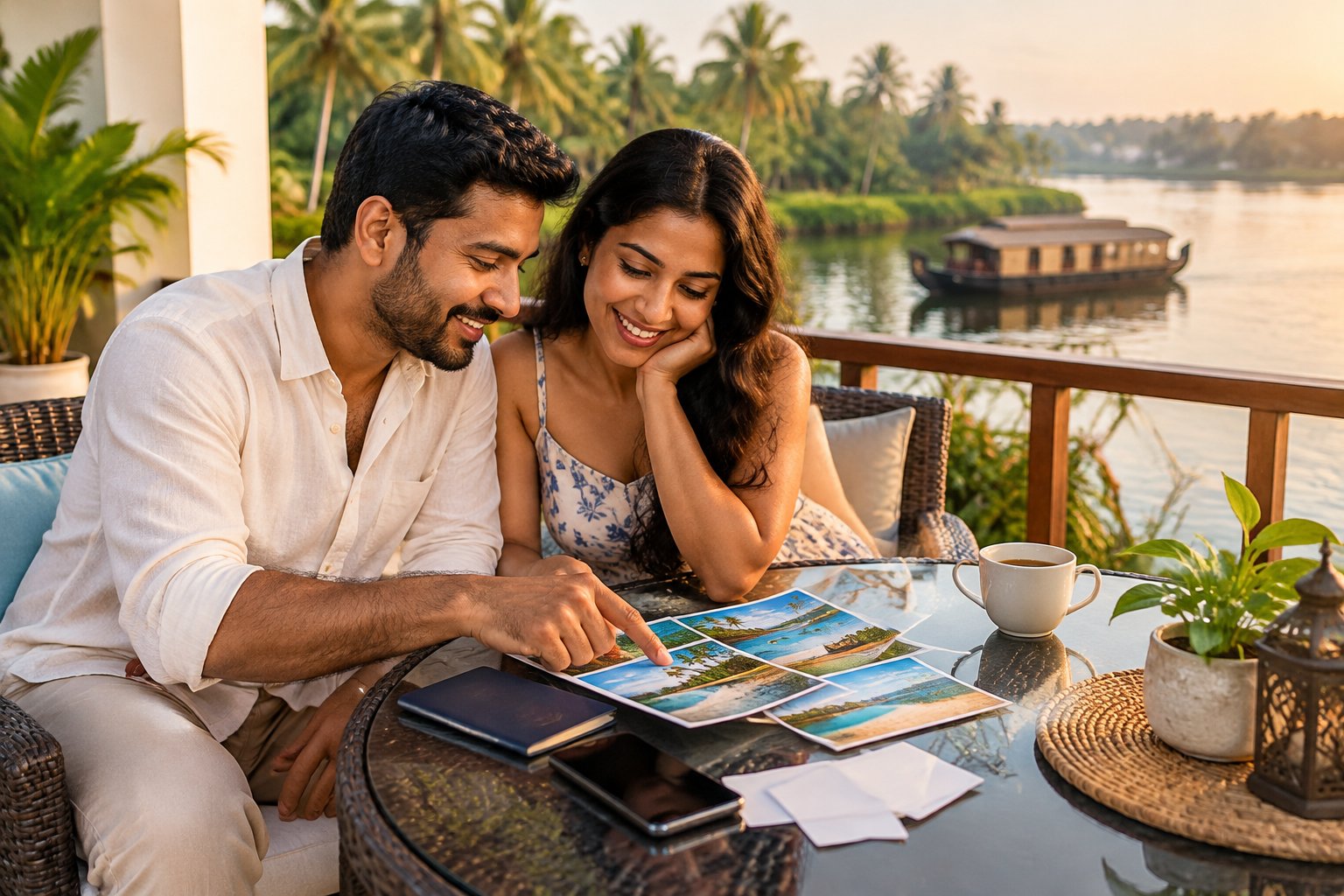 A newlywed couple discusses travel plans on a terrace overlooking the Kerala backwaters.