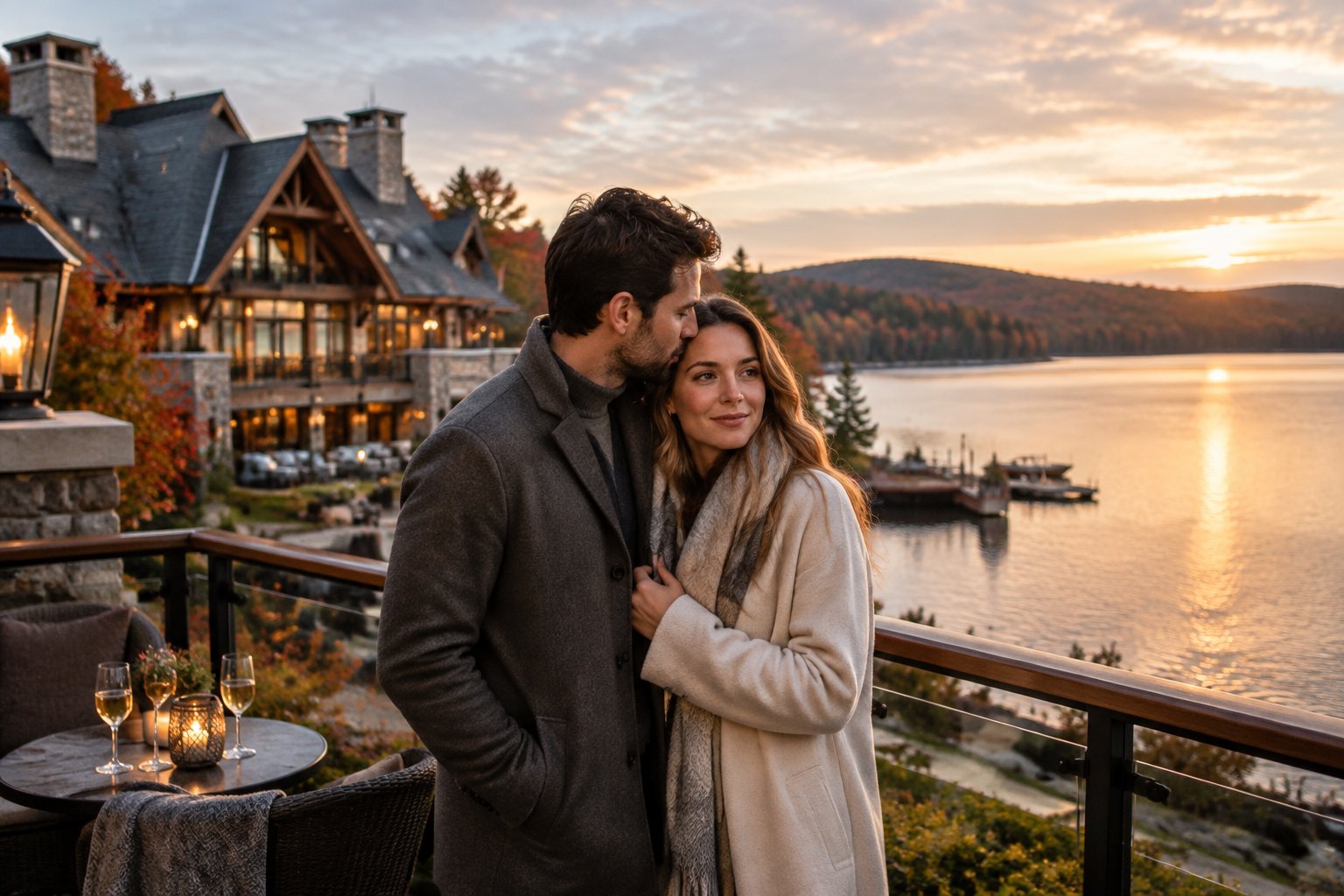 A couple shares a quiet moment on a terrace overlooking a lakeside resort in Quebec.