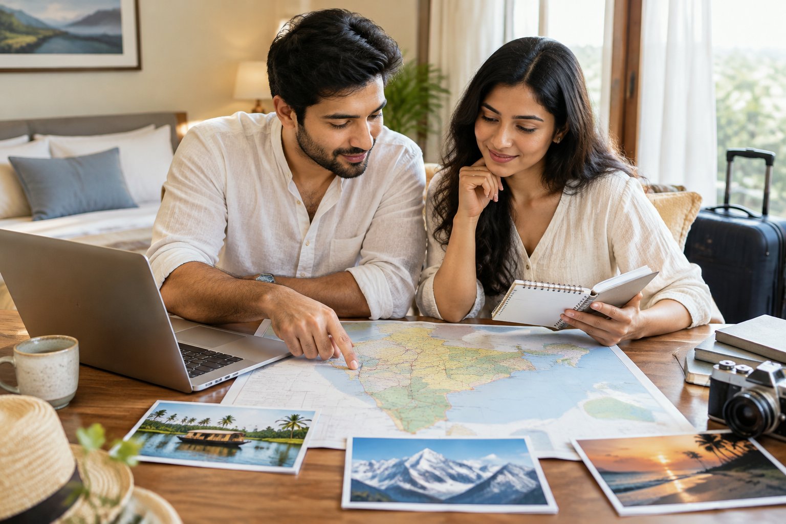 A couple reviews a map and travel plans together.