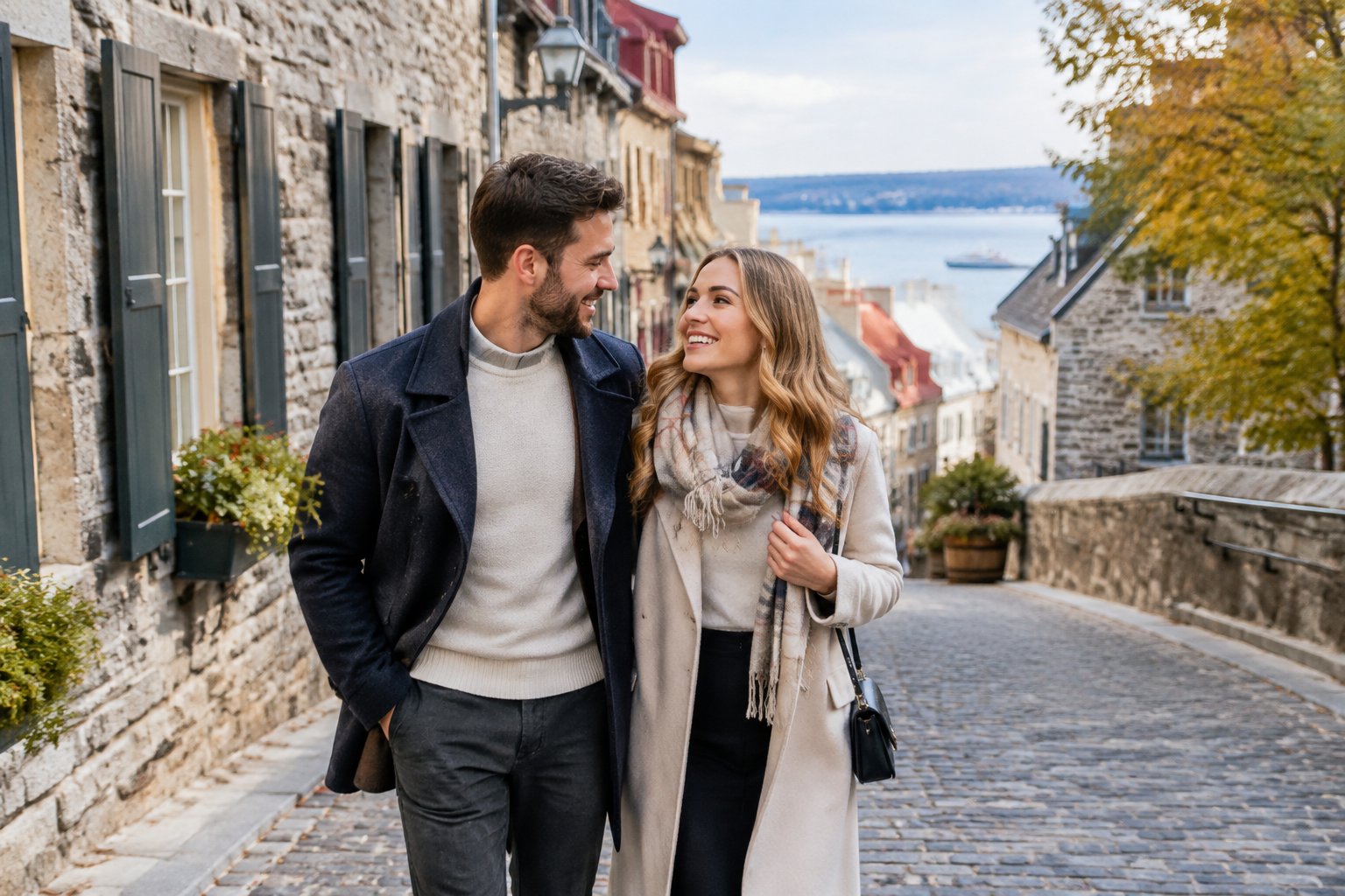 A couple strolls together along a historic street in Old Quebec.