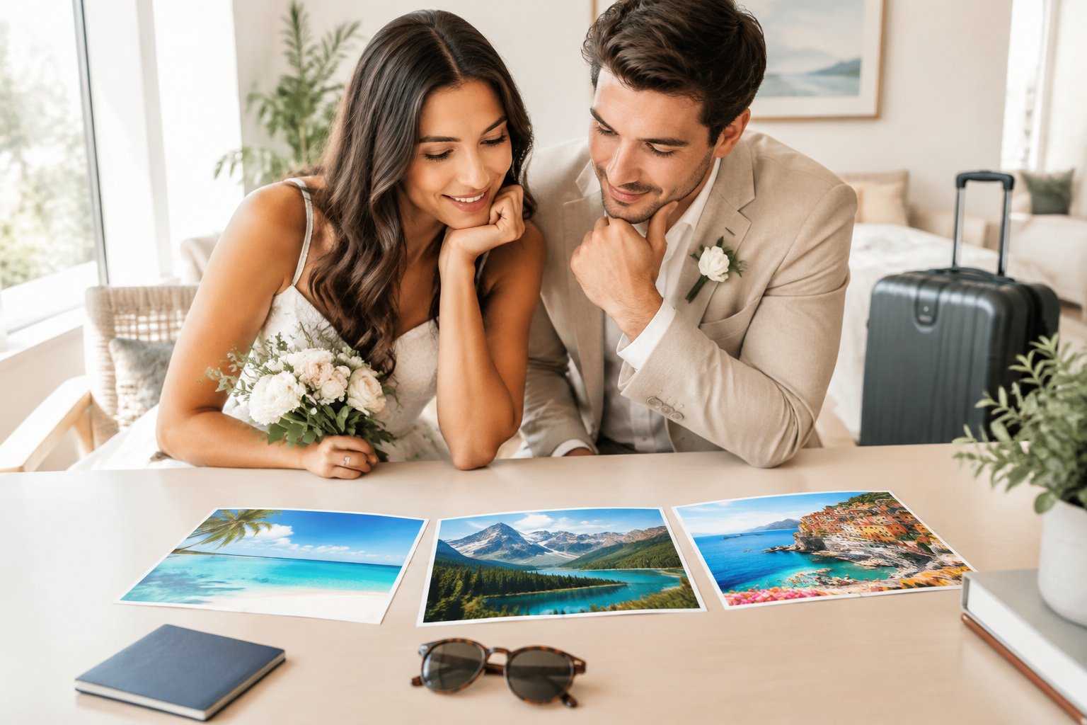 A newlywed couple compares vacation options at a travel-planning desk.