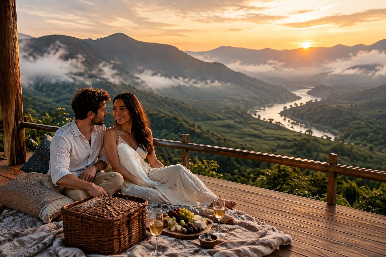 A newlywed couple shares a quiet moment on a terrace overlooking a mountain valley.