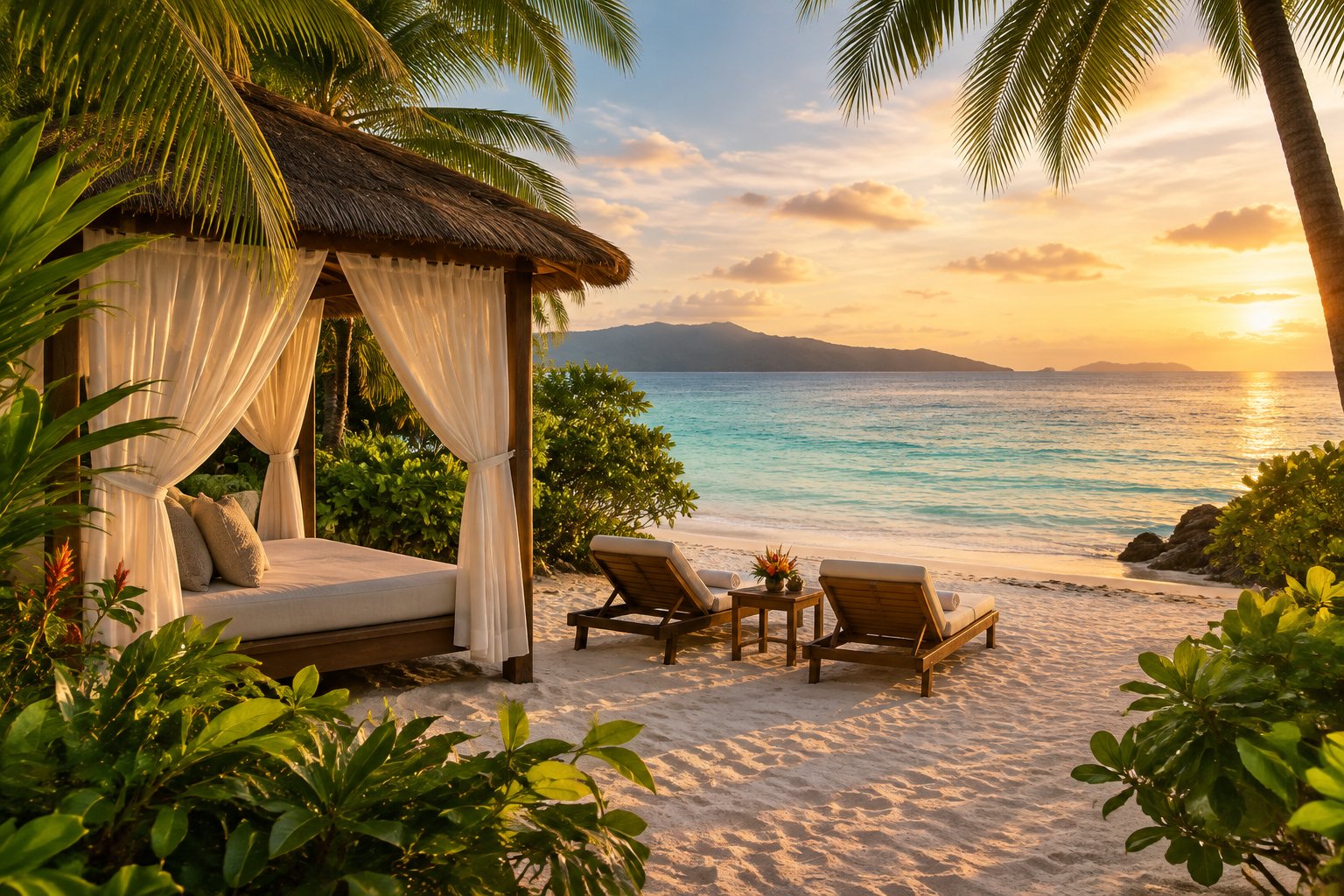 A private beachfront cabana overlooks calm turquoise water at a tropical resort.