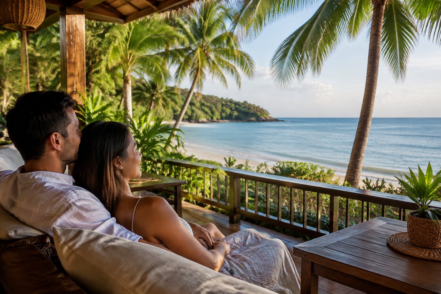 A couple relaxes together at a tropical beachfront resort overlooking the sea.