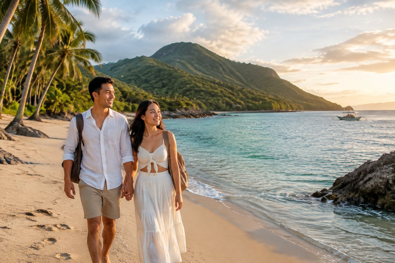 A couple explores a tropical beach in Quezon.