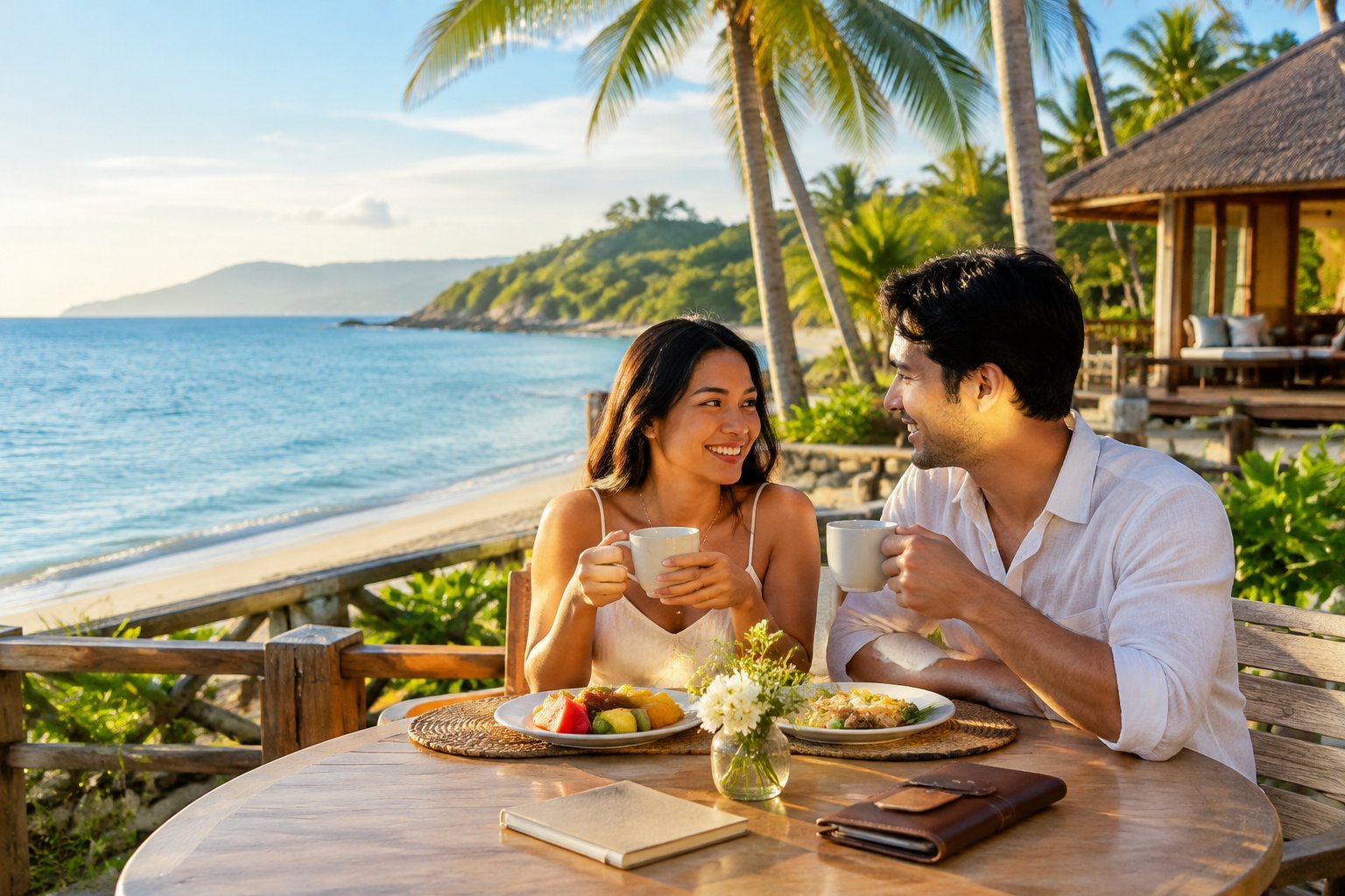 A couple shares a meal on a tropical resort terrace overlooking the sea.