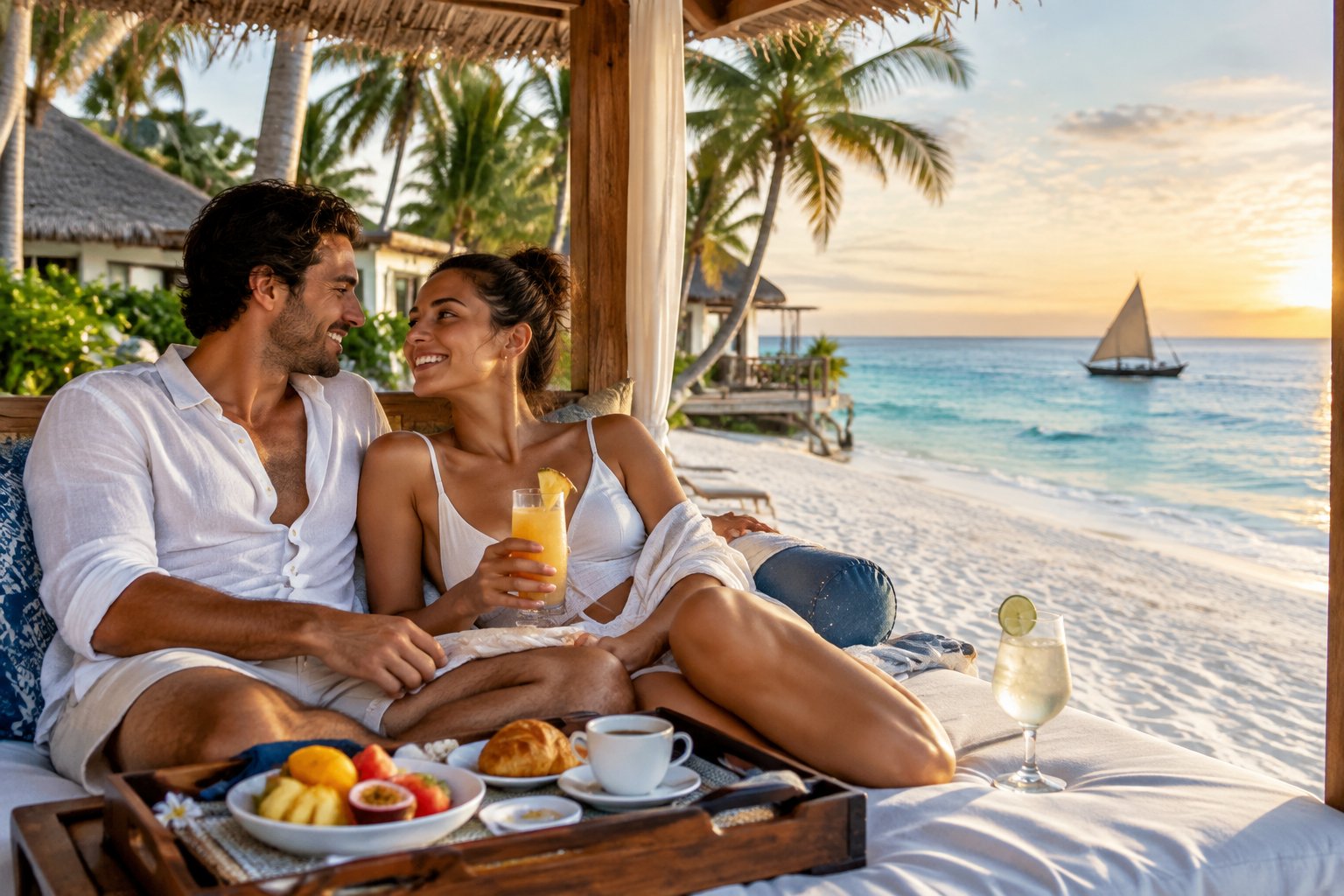 A newlywed couple relaxes at a Zanzibar beach resort with breakfast and a dhow sailboat nearby.
